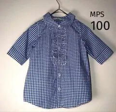 【美品】MPS ギンガムチェック フリルシャツ 七分袖 100 女の子 ネイビー