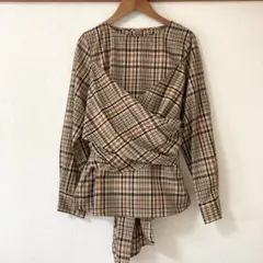 k チェック柄ラップ風デザイン長袖 ブラウン系