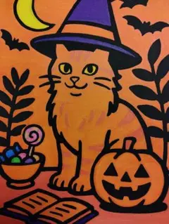 猫 魔女 ハロウィン イラスト 原画 A4 水彩紙