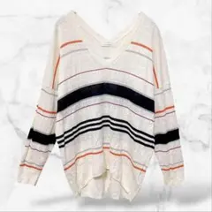 【マカフィー】長袖Vネックセーター ボーダー リネン(S)薄手軽い 春秋 総柄