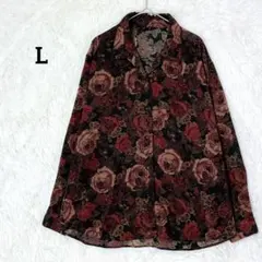 高級感 立体生地 薔薇 花柄 総柄 シャツ ブラウス レトロ 『L』