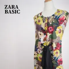 ザラベーシックコレクション　リボン紐付花柄レーヨンシャツロングワンピース　L