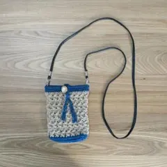 ハンドメイド スマホショルダーバッグ ベージュ×ブルー