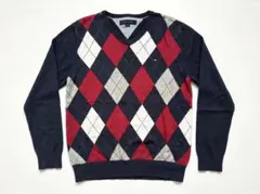 TOMMY HILFIGER Vネック アーガイル ニット ネイビー Lのサムネイル