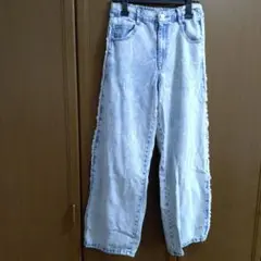 フリンジ加工 ライトブルー ワイドレッグデニム