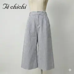 テチチ ストライプ ワイドガウチョパンツ M ネイビー 裾フレア ハイウエスト