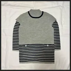 【セット】タートルネック ニット チュニック ボーダー グレー レディース