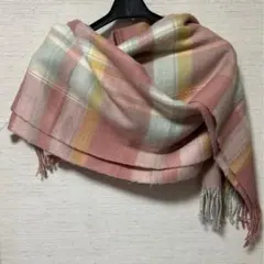 【中古】アクリル100% チェック柄マフラー ピンク系