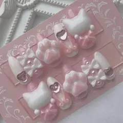 ネイルチップ 量産型 地雷 サブカル ピンク ホワイト ネコ リボン 天使 肉球