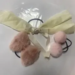 ピンクファーリボンヘアゴム3点セット