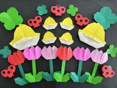 春壁面飾り 切り絵 折り紙 チューリップ タンポポ 桜 ウグイス 切り紙