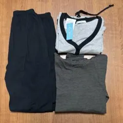 ルームウェアセット グレー・ストライプ・黒パンツ　新品⚫︎未使用