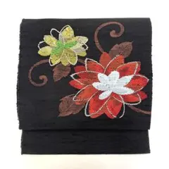 八寸 名古屋帯 化繊系 紬 草 花 唐草 吉祥文様 太鼓柄 黒 ブラック 赤 黄