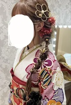 成人式　ブライダル　髪飾り　水引フラワーレッドゴールド　編みおろしのサムネイル