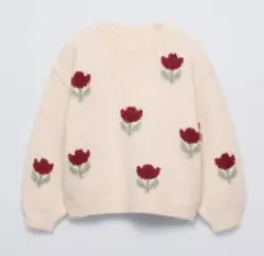 ZARAキッズ 104cm ジャガードニットセーター 花柄チューリップ エクリュ