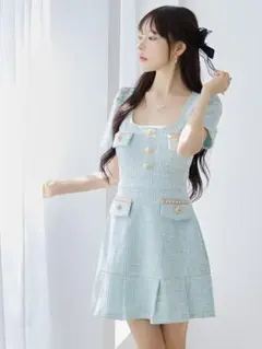 韓国ドレス スクエア パフスリーブ半袖ツイードフレアミニドレス