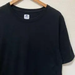 RUSSELL USA製生地Tシャツ L 黒　袖プリント　厚め　短丈　綿100％