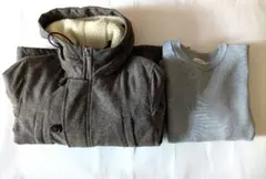 フード中綿ジャケット グレー クルーネック 裏起毛スウェット セット