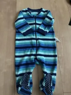 フリースロンパース 青と緑のストライプ 80