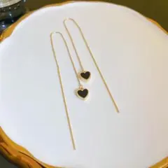 ハート ロング チェーン ピアス ゴールド ブラック サージカルステンレス