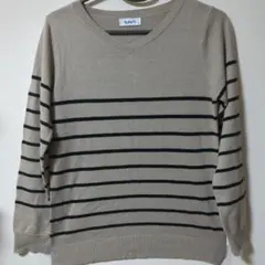 ベージュ・ネイビー ストライプ 長袖ニット M