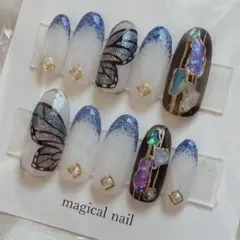 【現品販売】青い蝶々ネイルチップ 成人式にも◎ ブルー 和服 つけ爪