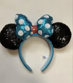 ディズニー ミニー スパンコールカチューシャ ブルー水玉リボン