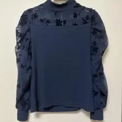 リブ トップス シースルー袖 フラワー刺繍 パワショル ネイビー M
