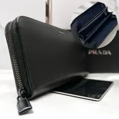 ◇極美品◇プラダ　サフィアーノレザー長財布　ロゴ金具　ブラック×ネイビー