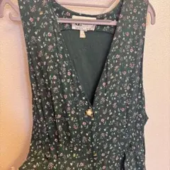 古着 グリーン フラワープリント ノースリーブ ワンピース