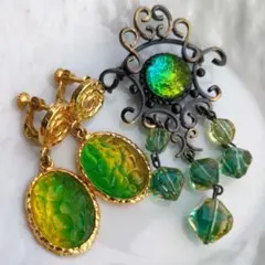 ヴィンテージ　イヤリング　ブローチ　グリーン　バイカラー　ツートーン