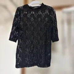 【NICE CLAP】 ブラック シースルー 7分袖 レース モックネック F