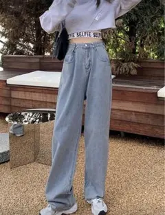 ライトブルー ワイドレッグ デニムパンツ