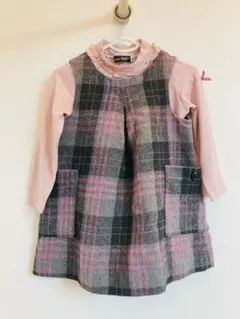 【BeBe】90グレーとピンクのチェックワンピースとインナーのセット　タイツ付き