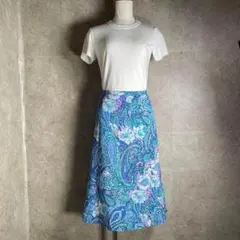 70s ユーロヴィンテージ ポリエステル 花柄スカート ブルー レトロ