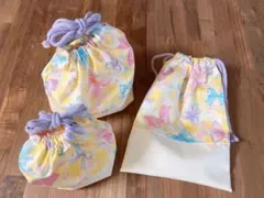 ハンドメイド　お弁当袋　コップ袋　巾着袋　3点セット　カラフルリボン　イエロー