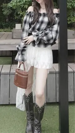 【新品タグ付き】GRL♡ 2Way チェック柄　ビッグリボントップス