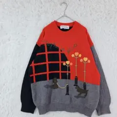 デザインニット ウールセーター 犬刺繍 레트로 ヴィンテージ バイカラー 90s
