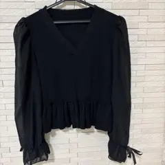 GRL Vネック ペプラム ブラウス 長袖 ブラック