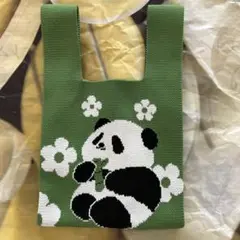 パンダ柄 グリーン ニットバッグ