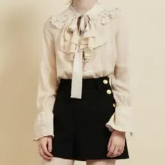 SNIDEL レースボウタイブラウス×ヘムフレアレーススカート ピンク S