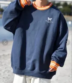 Perushu バタフライカラーリブスウェット ダークブルー Ｌサイズ