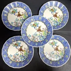 九谷焼　角福　花鳥図　和皿揃　５枚セット　中皿　輪花皿　色絵　花唐草　柘榴　和柄