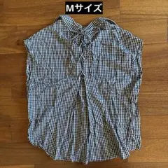 ギンガムチェック 半袖ブラウス 背中レースアップ Mサイズのサムネイル