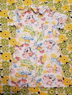 120㎝ シャツワンピース 半袖 アロハ 襟 綿 白 青 黄 ヒスミニ used