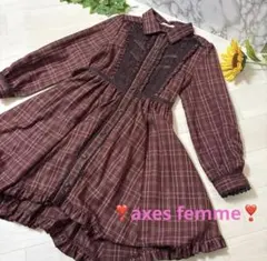 ❣️axes femme❣️ ブラウンチェック レース切替 長袖ワンピースＭリボン