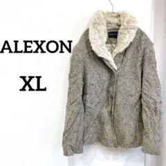 ALEXON ファー襟ジャケット アウター コート ブラウン へリボーン柄