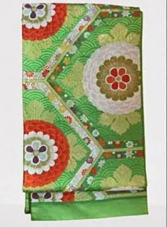 【美品】正絹　袋帯　グリーン　花柄　和装 美しい刺繍入り 七五三 十三詣り