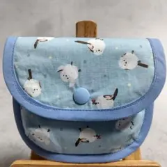 ＜薄青＞ハンドメイド　シマエナガ　ポケット付小物ポーチ　【５６１】