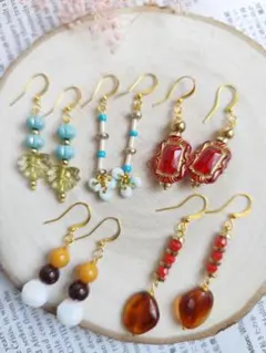 5ペアセット　多色ビーズフックピアス　大ぶりピアス　まとめ売り